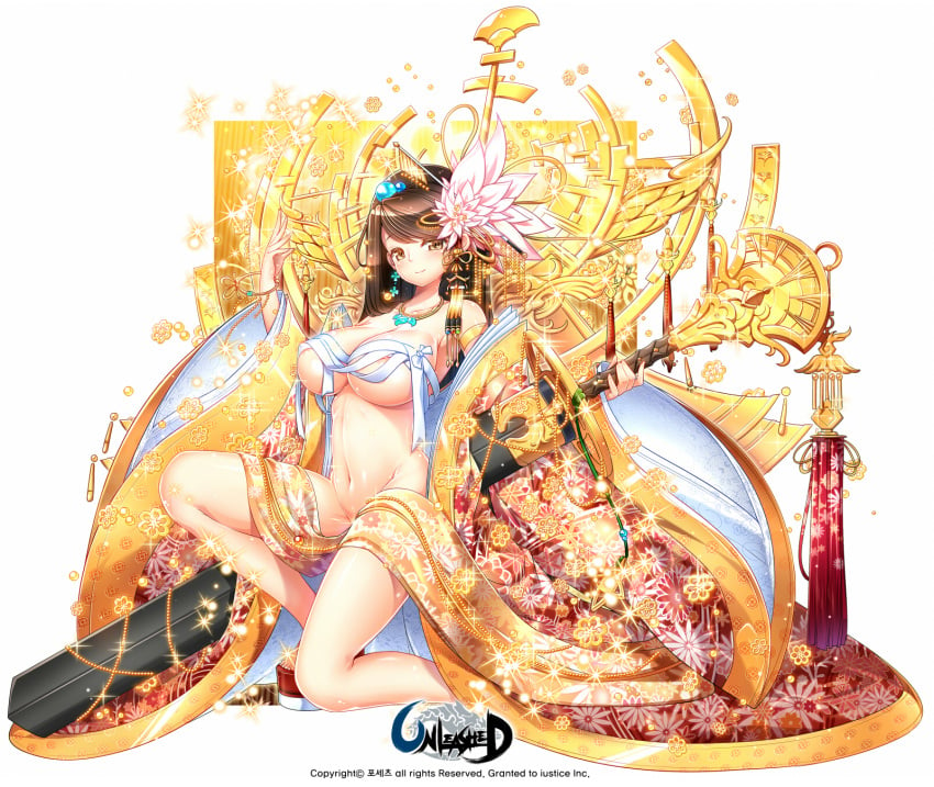 1girls areola_slip black_hair blush breasts clog_sandals copyright_name female female_only hair_ornament high_res jewelry large_breasts legs long_hair looking_at_viewer name_tag navel necklace nipple_slip nipples official_artwork one_knee poseich scabbard sheathed smile solo sparkle sword unleashed weapon wide_sleeves yellow_eyes