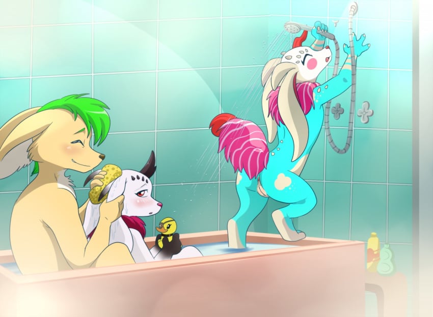 2015 anthro avian bathtub berry bird blush canine closed_eyes detailed_background duck eyebrows eyelashes female flossy food fox fruit fur green_hair group hair horn lonbluewolf looking_back male mammal multicolored_fur nude open_mouth pussy raised_tail red_eyes shampoo shower sitting tongue unknown_species water white_fur white_sclera