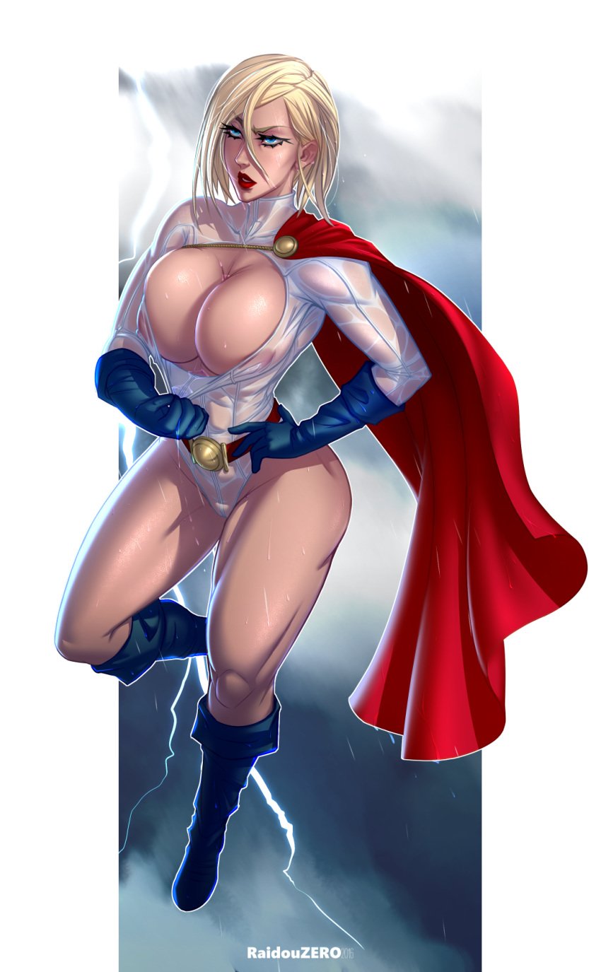 1girls abs belt big_breasts blonde_hair blue_eyes boots breasts cape cleavage cleavage_cutout cleavage_pull cleavage_reach cloud dc dc_comics female female_only highleg highleg_leotard huge_breasts kara_zor-l karen_starr large_breasts muscular_female naughty_face nipples_visible_through_clothing power_girl raidouzero rain seductive see-through short_hair solo superheroine superman_(series) thick_thighs water wet wet_clothes wet_hair