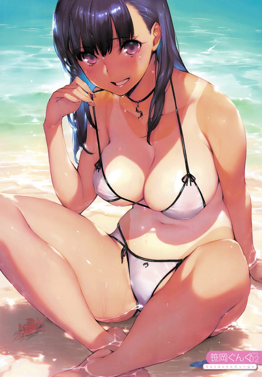 1girls areolae arm_support bare_shoulders barefoot beach bikini blue_hair blush bra_pull breasts choker collarbone crab feet female female_only grin hi_res human jewelry large_breasts long_hair looking_at_viewer navel necklace one-piece_tan original partially_submerged purple_eyes sasaoka_gungu scan shiny shiny_skin sitting smile solo strap_pull string_bikini tan_lines thighs water wet wet_hair white_bikini