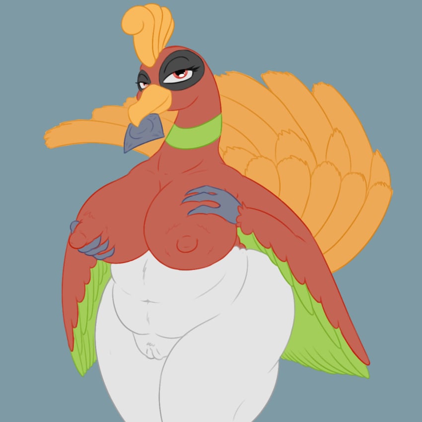 anthro anthrofied areola avian beak belly big_breasts bird breast_fondling breasts claws condom erect_nipples feathered_wings feathers female fondling gold_feathers green_feathers grope half-closed_eyes hand_on_breast hi_res ho-oh legendary_pokemon looking_at_viewer multicolored_feathers nintendo nipples nude phoenix pokemon posexe presenting pussy red_eyes red_feathers seductive simple_background slightly_chubby smile solo squeezing video_games white_feathers wide_hips wings