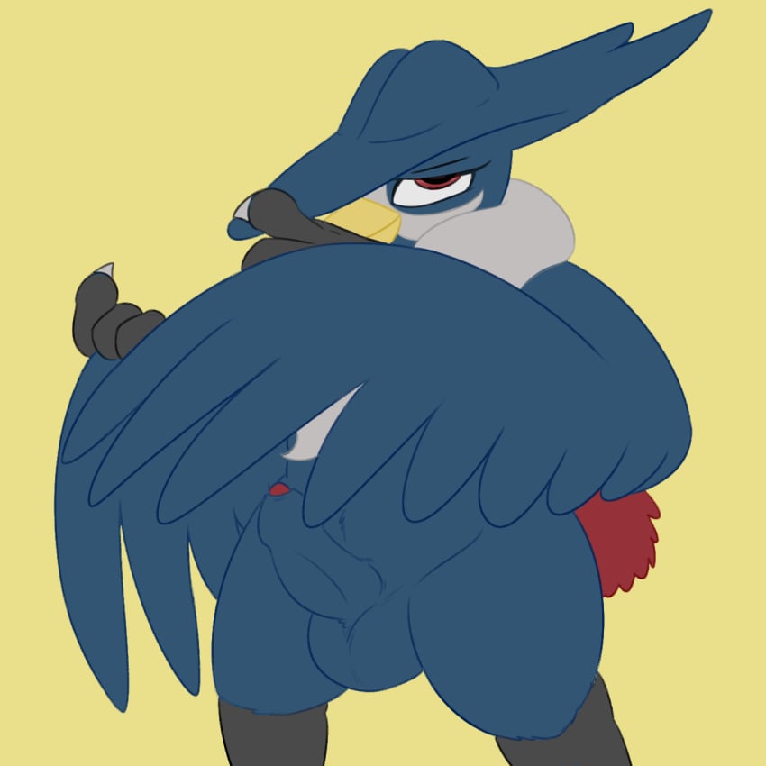 1boy anthro anthrofied avian balls beak bird blue_feathers claws corvid crow erection feathered_wings feathers half-closed_eyes hi_res honchkrow humanoid_penis looking_at_viewer male male_only nintendo nude partially_retracted_foreskin penis pokemon posexe presenting red_eyes simple_background slightly_chubby smile solo uncut video_games wings