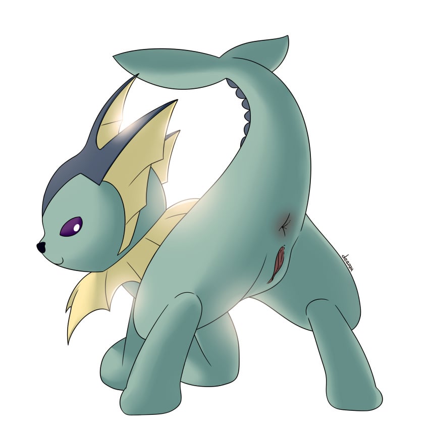 anus derpah female feral hi_res looking_back nintendo pokemon purple_eyes pussy raised_tail simple_background smile solo vaporeon video_games