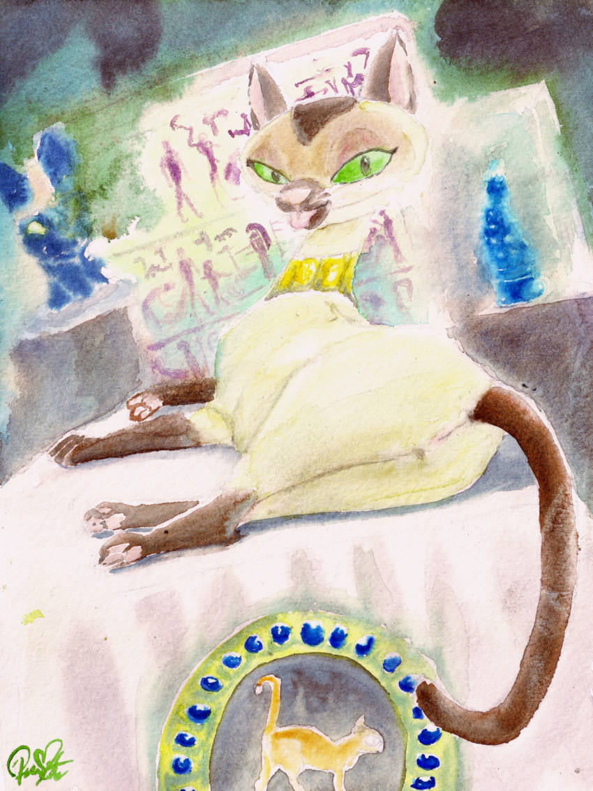 artifacts coy domestic_cat feline from_behind_position grooming isis_(krypto_the_superdog) krypto_the_superdog mammal museum pussy queensmate sex siamese tongue tongue_out traditional_media_(artwork) watercolor_(artwork)