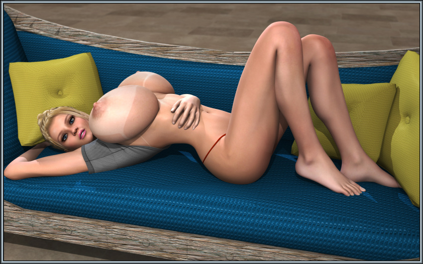 3d areolae blonde_hair blue_eyes braid breasts darkhound1 female huge_breasts large_breasts laying_down looking_at_viewer nipples tanline tied_hair underwear