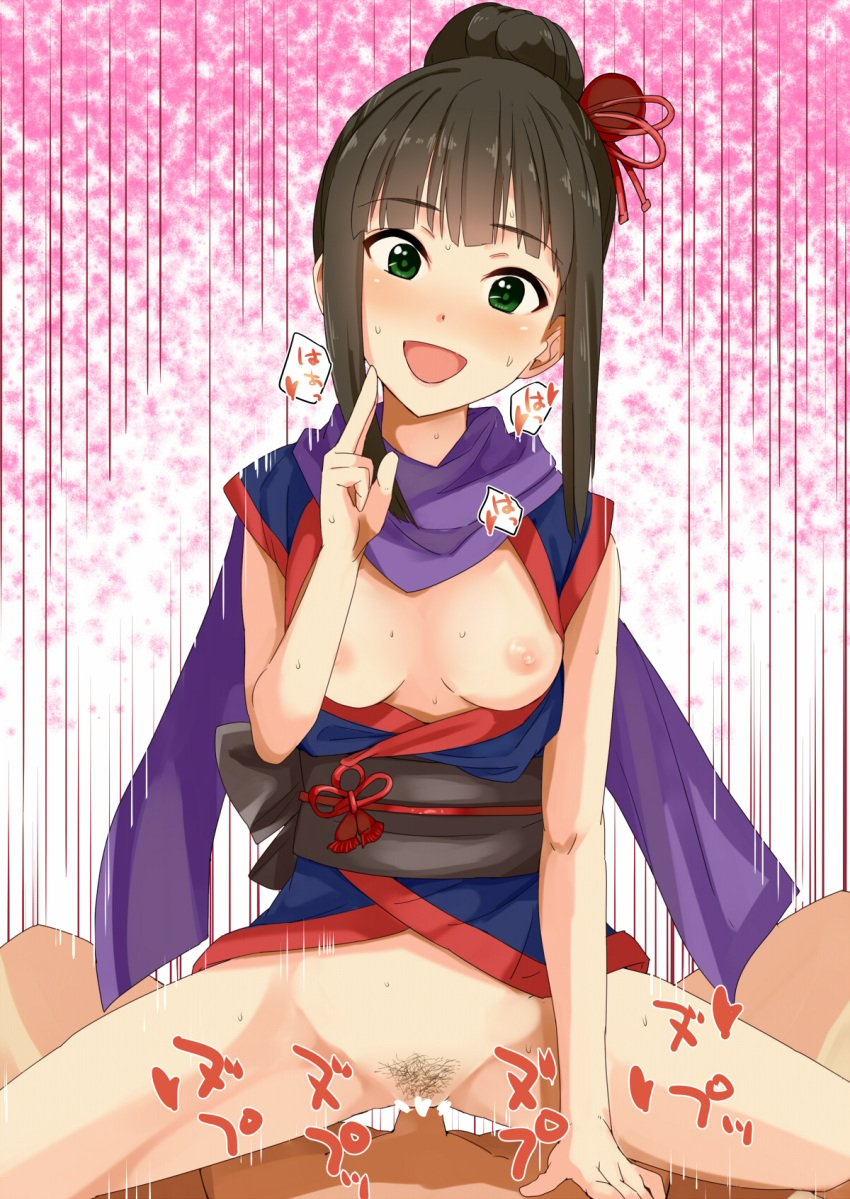 black_hair breasts cowgirl_position female green_eyes hair_bun hamaguchi_ayame highres idolmaster idolmaster_cinderella_girls ninja nipples norimaki_(haru_koubou) open_mouth pubic_hair scarf sex smile solo_focus straddling