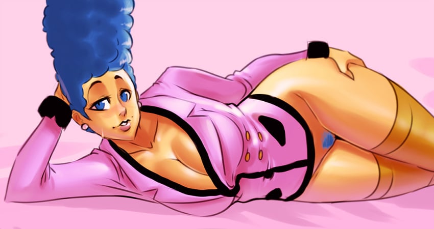 alternate_breast_size beauty_mark blazer blue_eyes blue_hair blush bottomless breasts cleavage clothing curly_hair eyelashes female female_only female_pubic_hair hand_on_hip huge_breasts human lipstick long_hair looking_at_viewer lying marge_simpson on_side pink_background pink_lipstick pubic_hair pussy rhodesio solo the_simpsons thighhighs yellow_skin