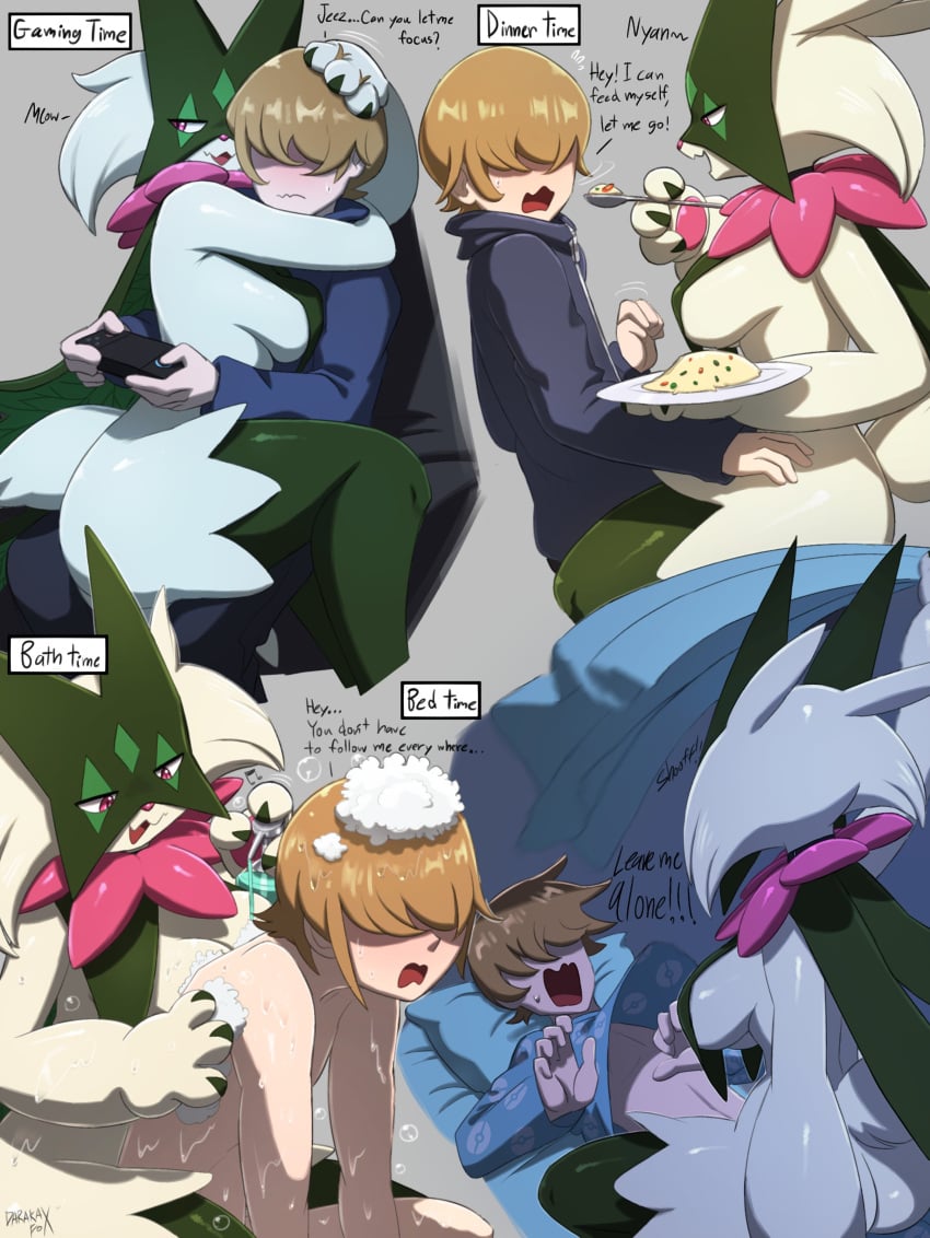 1boy 1girls 2026 3_fingers anthro bathing_together bed big_breasts bodily_fluids breast_curtains breasts brown_hair bubble butt claws clothing controller cutlery darakafox duo english_text feeding female female_anthro finger_claws fingers flower_(anatomy) food fur furniture game_controller generation_9_pokemon green_body green_fur green_tail hair hoodie human interspecies jagged_mouth kitchen_utensils lying male mammal mask meowscarada nintendo nude on_back on_bed open_mouth pajamas pawpads paws pillow pink_eyes pink_nose plate pokemon pokemon_(species) pokemorph pokephilia scrubbing shampoo spoon straddling sweat sweatdrop tail text tools topwear very_high_resolution