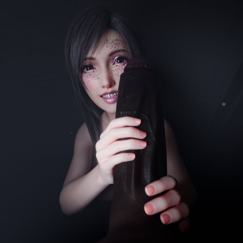 1boy 1girls 3d african_male asian_female barret_wallace big_penis black_hair cock_worship dark-skinned_male derpderp excited_female final_fantasy final_fantasy_vii final_fantasy_vii_remake holding_penis imminent_oral interracial light-skinned_female looking_at_viewer nude_female nude_male red_eyes smile tifa_lockhart veiny_penis
