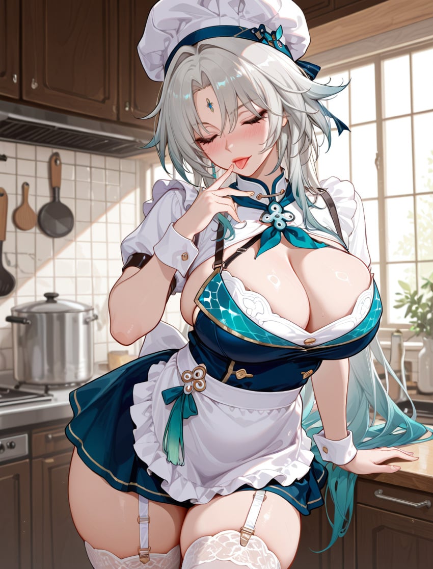 1girl ai_generated apron aqua_hair arlequin097 blush breasts chef_hat cleavage closed_eyes cowboy_shot dress facing_viewer feixiao_(honkai:_star_rail) forehead_jewel forehead_mark frilled_apron frying_pan garter_straps genderswap gradient_hair grey_hair hat honkai:_star_rail honkai_(series) hoyoverse indoors kitchen large_breasts long_hair mihoyo multicolored_hair parted_bangs puffy_short_sleeves puffy_sleeves short_sleeves solo thick_thighs thighhighs thighs tongue tongue_out waist_apron white_apron white_garter_straps white_hair white_headwear white_thighhighs wrist_cuffs zettai_ryouiki