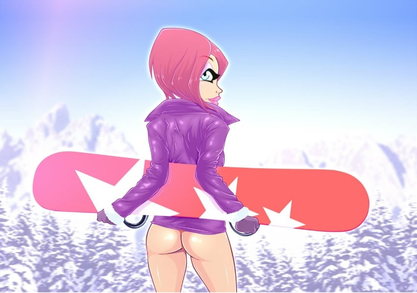 1girls ass bimbo blue_eyes dat_ass eyeshadow female gloves human jacket jpeg legs lips lipstick mountain panties pink_hair rainbow_(animation_studio) short_hair snow snowboard solo tecna teenager thighs tree trees winx_club zfive