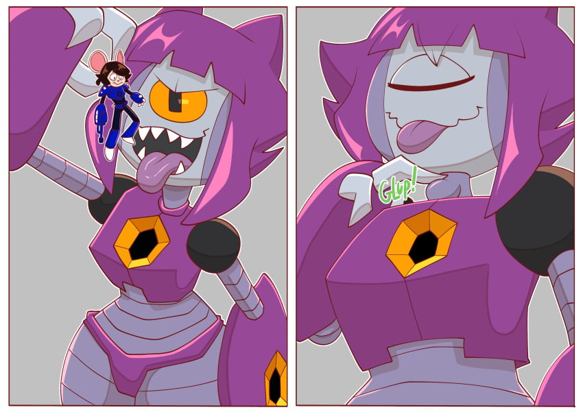 1boy 1girls cat_ears feline furry gameoverse giantess imminent_vore macro malice_(gameoverse) micro robot robot_girl rod_(imrodrodent) rodent size_difference strawberrywith4 swallowing vore