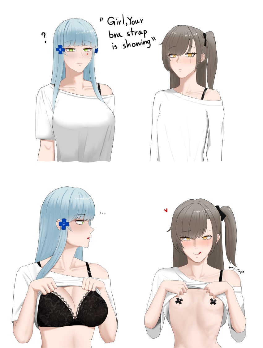 ... 2girls 2koma ? before_and_after big_breasts blush bra bra_strap_is_showing_(meme) breast_size_difference breasts brown_hair clothing covered_nipples english_text female female_only flat_chest girls'_frontline girls'_frontline_2:_exilium green_eyes grey_hair heart hk416_(girls'_frontline) klukai_(girls'_frontline_2) large_breasts leva_(girls'_frontline_2) licking_lips lifted_by_self long_hair looking_at_viewer meme no_bra scar scar_on_face shirt shirt_lift side_ponytail small_breasts taped_nipples text tongue tongue_out ump45_(girls'_frontline) upper_body yellow_eyes yuzu_7969
