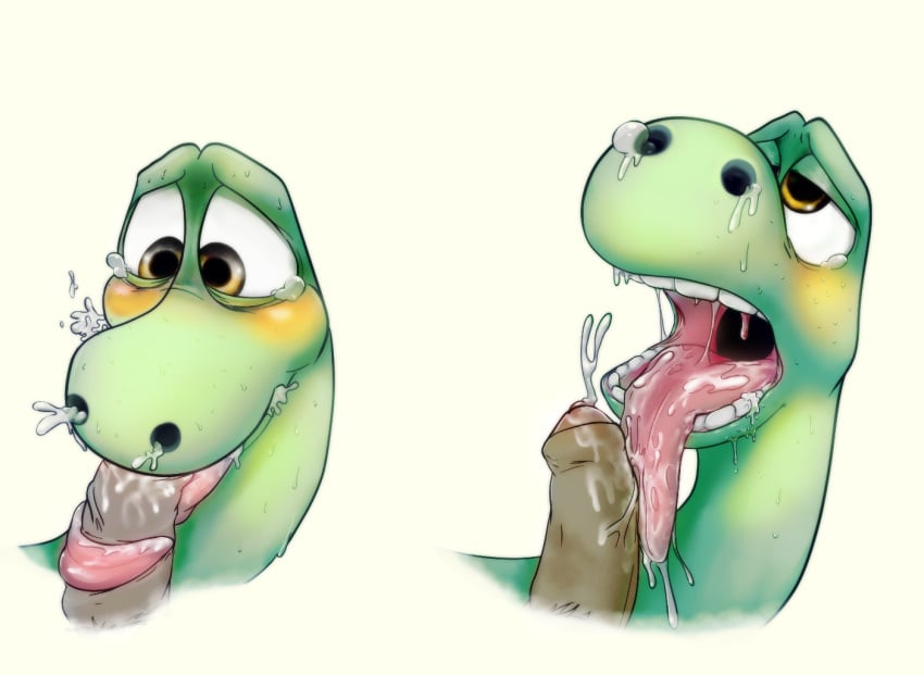 arlo_the_dinosaur artist_request blush crying cum cum_in_mouth cum_inside cum_out_nose dinosaur disney gay human male mammal open_mouth oral penis pixar sauropod scalie tears teeth the_good_dinosaur tongue vein yaoi yellow_eyes