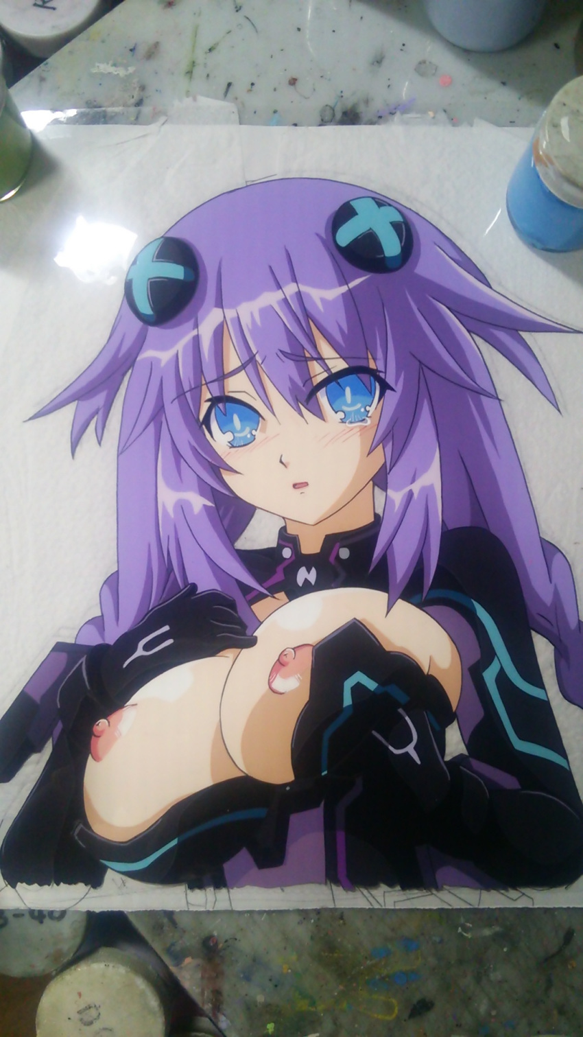 blue_eyes blush braid breasts cleavage female hair_ornament hasamimushi highres long_hair looking_at_viewer neptune_(neptunia) neptunia_(series) nipples photo_(medium) purple_hair purple_heart_(neptunia) solo stripping symbol-shaped_pupils tears tied_hair traditional_media twin_braids undressing very_long_hair