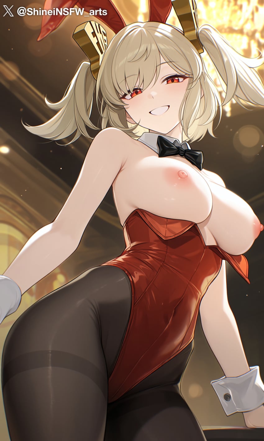 1girls ai_generated breasts burnice_white looking_at_viewer nipples playboy_bunny red_eyes shineinsfw smile solo uncensored yellow_eyes zenless_zone_zero