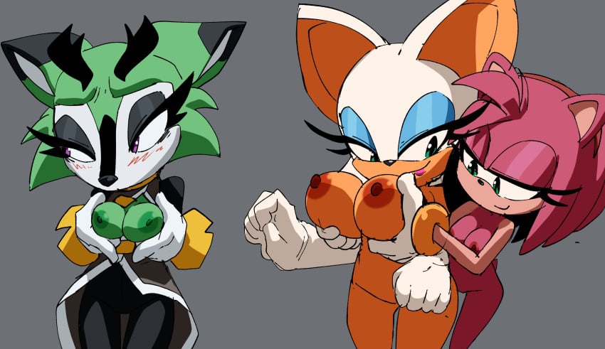 3girls :q amy_rose animal_ears animal_nose anthro apple areolae averting_eyes bat_ears bat_girl black_bodysuit black_dress black_fur blue_eyeshadow blush body_fur bodysuit bracelet breast_grab breast_lift breasts breasts_out breasts_squeezed_together brown_dress clenched_hand clenched_hands closed_mouth clothing clove clove_the_pronghorn coat completely_nude completely_nude_female coolerinker cowboy_shot dress elbow_gloves embarrassed eye_contact eyeshadow female female/female flat_color food from_behind fruit furry furry_female furry_with_furry gloves grabbing grabbing_another's_breast grabbing_from_behind grabbing_own_breast green_eyes green_fur green_hair grey_background groin groping groping_breasts hairband half-closed_eye half-closed_eyes hands_up happy holding_food holding_fruit horns inker_comics inkershike interspecies jaggy_lines jewelry large_breasts legs_together licking_lips lipstick looking_at_another looking_at_breasts looking_back looking_down looking_to_the_side makeup medium_breasts multicolored_fur multiple_girls nipples nose_blush nude open_clothes open_dress orange_fur pink_eyeshadow pink_fur pink_hair pink_lips pronghorn purple_eyes raised_eyebrows red_hairband rouge_the_bat short_hair sidelocks sideways_mouth simple_background sleeveless sleeveless_dress smile snout solo sonic_(series) sonic_the_hedgehog_(archie) sonic_the_hedgehog_(comics) sonic_the_hedgehog_(series) standing tail thigh_gap thighs two-tone_fur white_fur white_gloves white_hair yuri