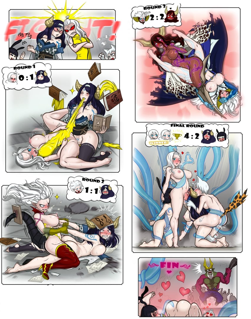 ahe_gao ahgot angry_sex angry_tribadism animal_humanoid big_breasts black_hair blue_eyes blush book breasts breath cleavage clothed clothing costume demon elfman_strauss fairy_tail female hair heart heavy_blush horn human humanoid lamy legwear lesbian_competitive_intercourse lisanna_strauss mammal mirajane_strauss nipples open_mouth pointy_ears red_eyes scissoring seilah sex sexfight sexual_competition sweat tattoo tentacle tongue tongue_out torn_clothing tribadism white_hair yuri