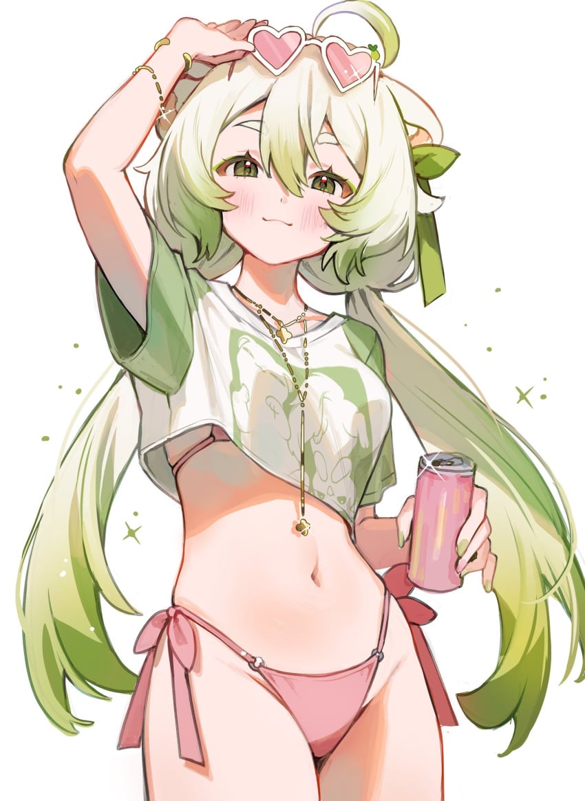 1girls ahoge animal_ears bikini blush bra_peek bracelet breasts can closed_mouth commentary cosplay crop_top drink_can english_commentary eyewear_on_head female ferret_ears ferret_girl gradient_hair green_eyes green_hair green_nails gta_vi_cover_girl hair_between_eyes hair_ribbon heart heart-shaped_eyewear hi_res highleg highleg_bikini hips indie_virtual_youtuber jewelry laimu laimu_(comfy_t-shirt) laimu_(summer) looking_at_viewer medium_breasts multicolored_hair navel necklace pink-tinted_eyewear pink_bikini pink_nails pose_imitation ribbon sexy smile solo sunglasses swimsuit thighs tinted_eyewear twintails virtual_youtuber vtuber white_background white_hair yenkoes