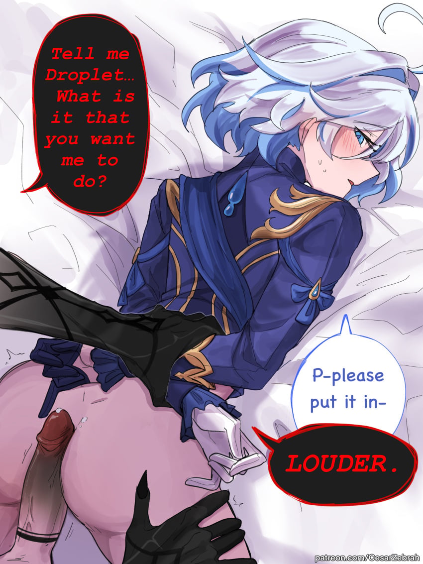 2girls arlecchino_(genshin_impact) cesarzebrah dark_penis furina_(genshin_impact) genshin_impact penis_on_ass precum thigh_grab tied_hands yuri