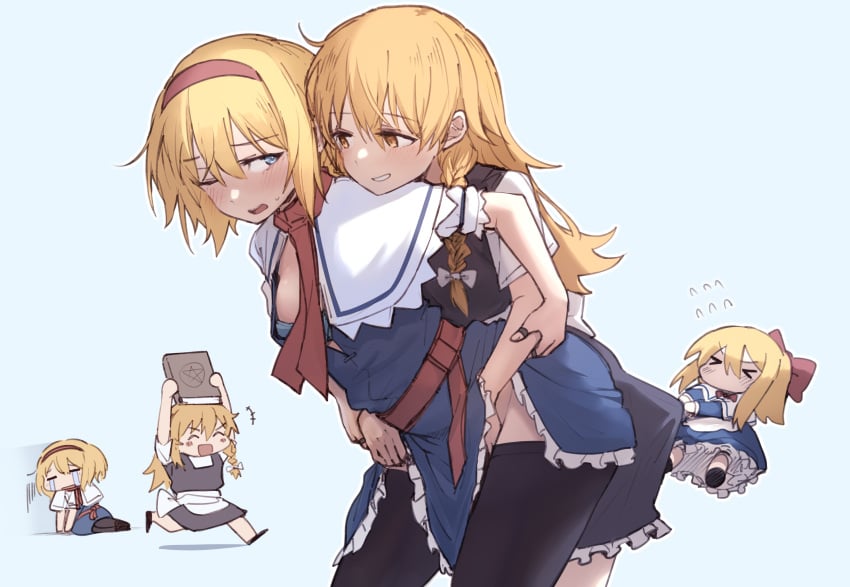>_< +++ 2girls :d ^_^ absurdres alice_margatroid apron blonde_hair blue_bra blue_dress blue_eyes blush book bow bra braid breasts capelet closed_eyes clothes_pull commentary crying dress flying_sweatdrops grimoire grin hair_bow hairband hat hat_bow highres holding holding_book jewelry kirisame_marisa long_hair m1saki_1 medium_breasts multiple_girls one_eye_closed open_mouth pantyhose pantyhose_pull pulling_another's_clothes puppet_rings red_hairband red_sash ring sash shanghai_doll short_sleeves side_braid single_braid skirt smile streaming_tears tears touhou underwear untranslatable_commentary vest waist_apron waist_sash white_capelet witch_hat yuri