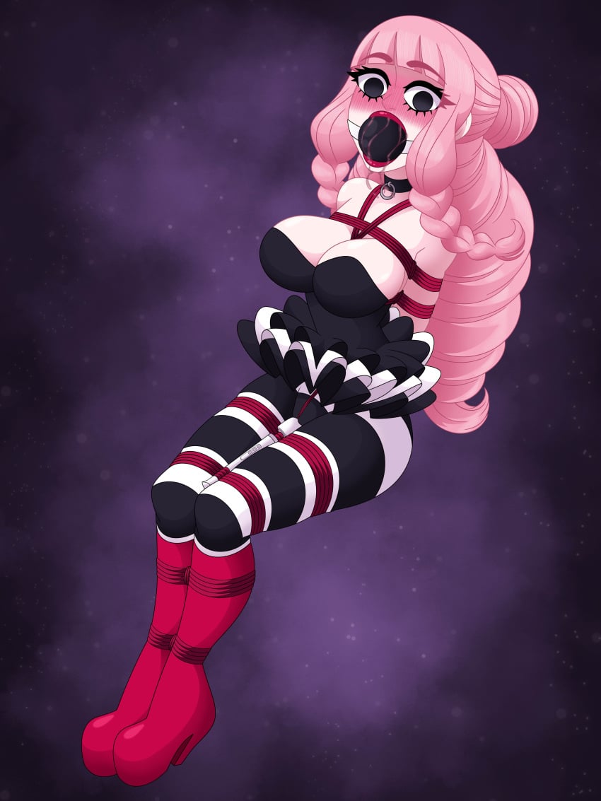 1girls arms_behind_back bearbuckscoffee bondage bound bound_arms bound_legs cleavage collar crotch_rope drool drooling female female_only fully_clothed gag gagged high_heels hitachi_magic_wand lipstick makeup one_piece perona_(one_piece) rope sex_toy vibrator wand_vibrator