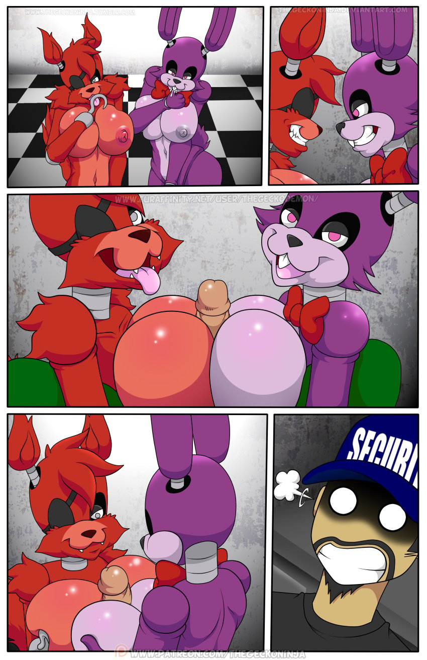 1boy 2016 2girls animatronic anthro anus areola areolae big_breasts black_nose bonnie_(fnaf) bow_tie breast_press breasts bust busty canine close-up closed_eyes color comic cum double_paizuri duo erect_nipples eye_patch eyewear female five_nights_at_freddy's fox foxy_(fnaf) fur grey_eyes group group_sex hi_res hyper hyper_breasts lagomorph large_breasts large_penis machine male mammal navel nipples open_mouth paizuri penetration penis pink_eyes purple_fur rabbit red_fur robot sex straight teeth thegeckodemon thegeckoninja threesome tongue video_games