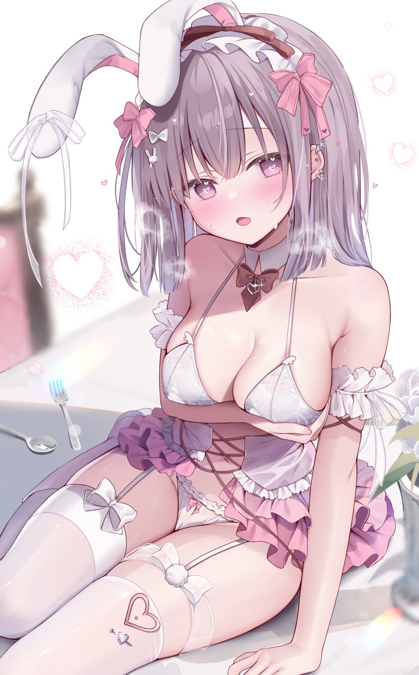 1girl ame_usari arm_support armband blush bow_panties bra breasts bunny_ears bunny_headband clothed collar corset detached_collar dress frilled_armband frilled_dress frilled_hairband frilled_skirt frills gray_hair hair_ornament hair_ribbon hairband highres holding_breast lace lace_bra large_breasts leaning_to_the_side long_hair original panties ribbon_panties sitting stockings straight_hair thighhighs