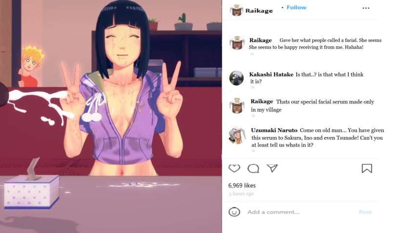 big_breasts boruto:_naruto_next_generations cheating cheating_wife cum cum_on_breasts cum_on_face cumshot dark-skinned_male eggys hyuuga_hinata implied_oral implied_sex instagram naruto peace_sign spray tagme tissue_box uzumaki_boruto wedding_ring