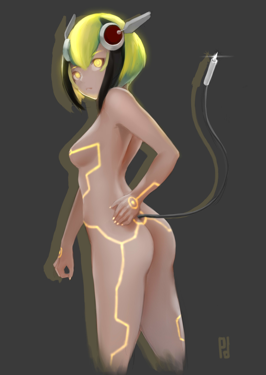 android ass black_hair blonde_hair breasts dimension_w female frown glowing glowing_eyes hair_ornament looking_at_viewer neon_trim nude profdaredevil short_hair sideboob solo tail two_tone_hair yurizaki_mira