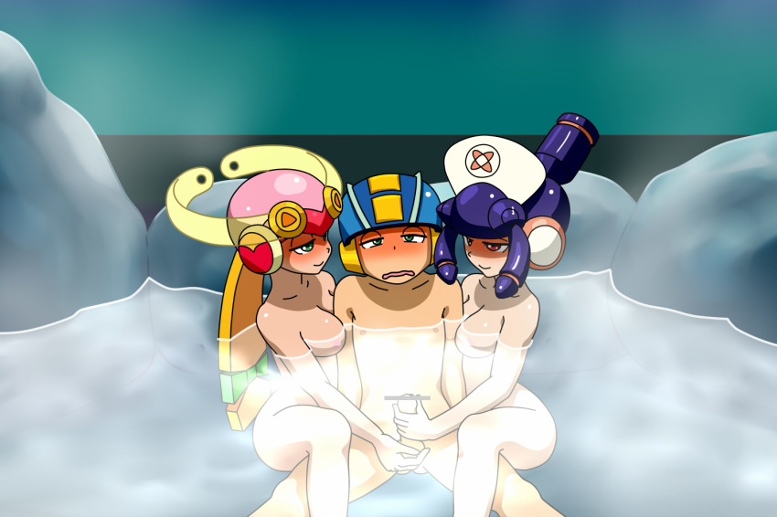 1boy 2girls areolae arm_between_breasts armor ass ball_fondling balls bar_censor between_breasts blush breasts capcom censored cleavage collarbone female green_eyes half-closed_eyes handjob helmet highres hot_springs large_breasts male meddy.exe mega_man mega_man_(character) mega_man_battle_network megaman.exe multiple_girls nipples nude partially_submerged penis pleasure_face red_eyes rockman rockman_exe rockman_exe_(character) roll.exe smile steam straight tagme teamwork threesome water wavy_mouth