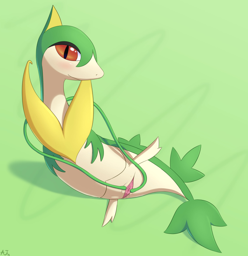 animal_genitalia anojaa blush cloaca female feral hi_res looking_at_viewer nintendo pokemon pokemon_(species) presenting pussy_juice servine simple_background smile solo spread_legs spreading tentacle video_games vine_whip vines