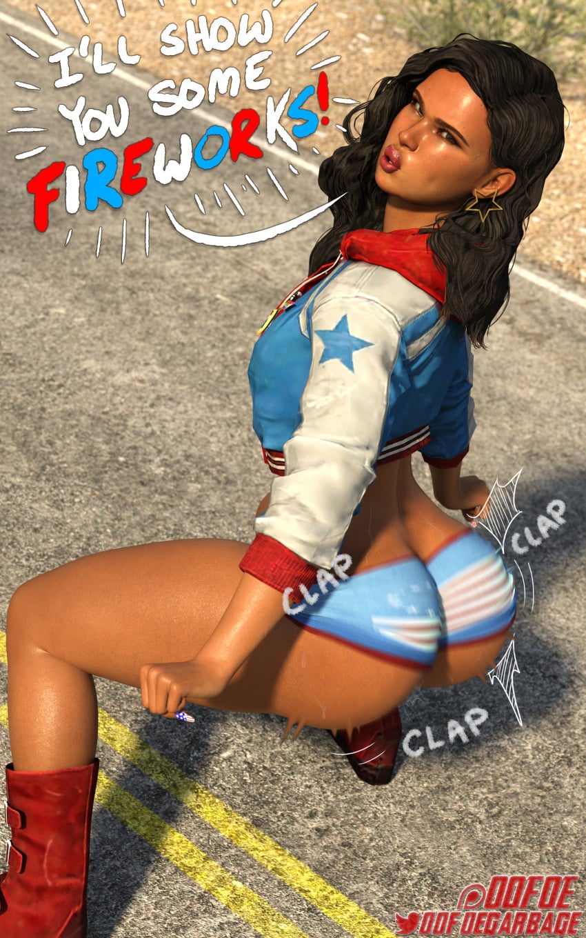 1girls 3d alternate_version_at_source america_chavez ass big_ass dark-skinned_female dark_skin earrings female latina marvel oofoe panties shaking_ass solo squatting twerking