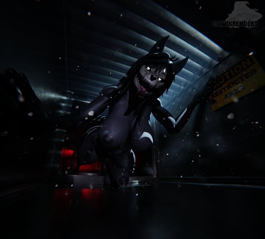 3d anthro big_breasts big_penis black_body black_hair blender breasts furry futanari malo solo_focus spooky