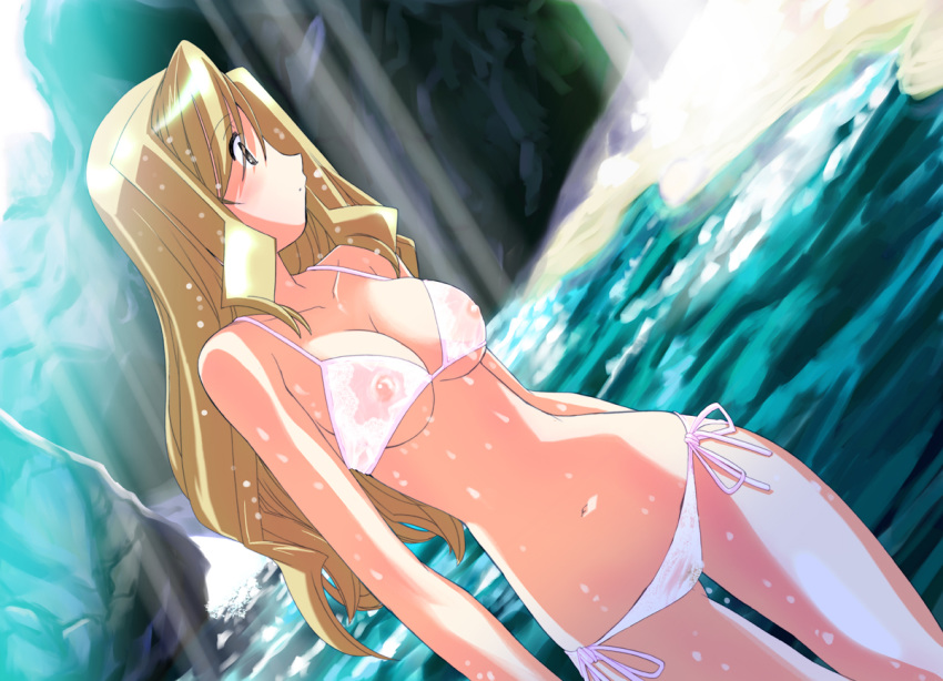 1girls bikini blonde_hair breasts brown_eyes brown_hair female lowleg morimi_ashita nipples original see-through side-tie_bikini solo swimsuit water wet