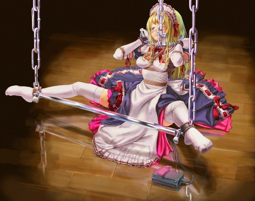 blonde_hair blue_eyes blush bondage breast_squeeze breasts chains collar copyright_request elbow_gloves feet fleda gloves highres legs long_hair maid rope spreader_bar tears thighhighs vibrator