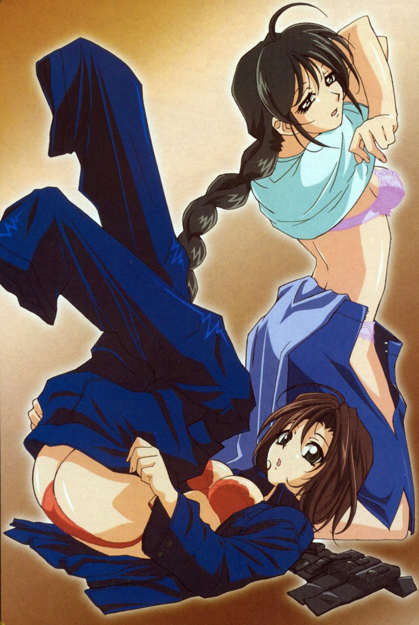 2girls 90s ass black_hair bra braid breasts brown_hair curvaceous duo female glasses green_eyes highres human large_breasts light-skinned_female light_skin lingerie long_hair looking_at_viewer miyuki_kobayakawa multiple_girls nakajima_atsuko natsumi_tsujimoto official_art panties police police_uniform policewoman red_bra red_panties short_hair strip taiho_shichauzo underwear undressing weapon wide_hips