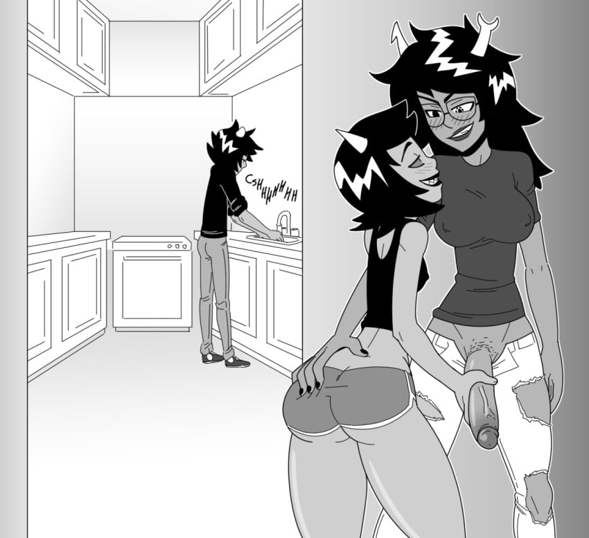 1boy 1futa 1girls ass_cleavage ass_grab black_hair black_nails blush booty_shorts breasts butt_crack cheating cucked_by_futa cuckold curvy erect_nipples erection female flat_chest futa_on_female futa_with_male futanari glasses grey_skin handjob homestuck horns hourglass_figure intersex karkat_vantas large_breasts long_hair male male_with_female ms_paint_adventures naughty_face netorare nipple_bulge nipples ntr penis penis_out shamefuldisplay short_hair shorts stealth stealth_sex terezi_pyrope troll vriska_serket