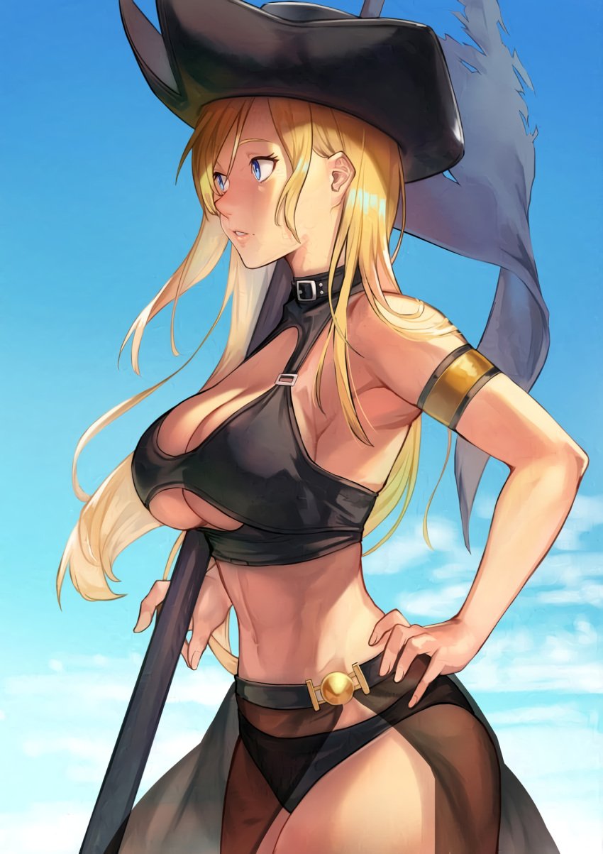 1girls armlet bare_shoulders bikini black_bikini black_choker blonde_hair blue_eyes bonne_jenet breasts choker cleavage collarbone fatal_fury flag flagpole garou:_mark_of_the_wolves hair_between_eyes hand_on_hip hat highres hinoru_saikusa king_of_fighters king_of_fighters_all-stars large_breasts long_hair navel official_alternate_costume open_mouth outdoors pirate pirate_hat pose posing sarong sensual snk solo stomach swimsuit thick_thighs thighs toned underboob underwear