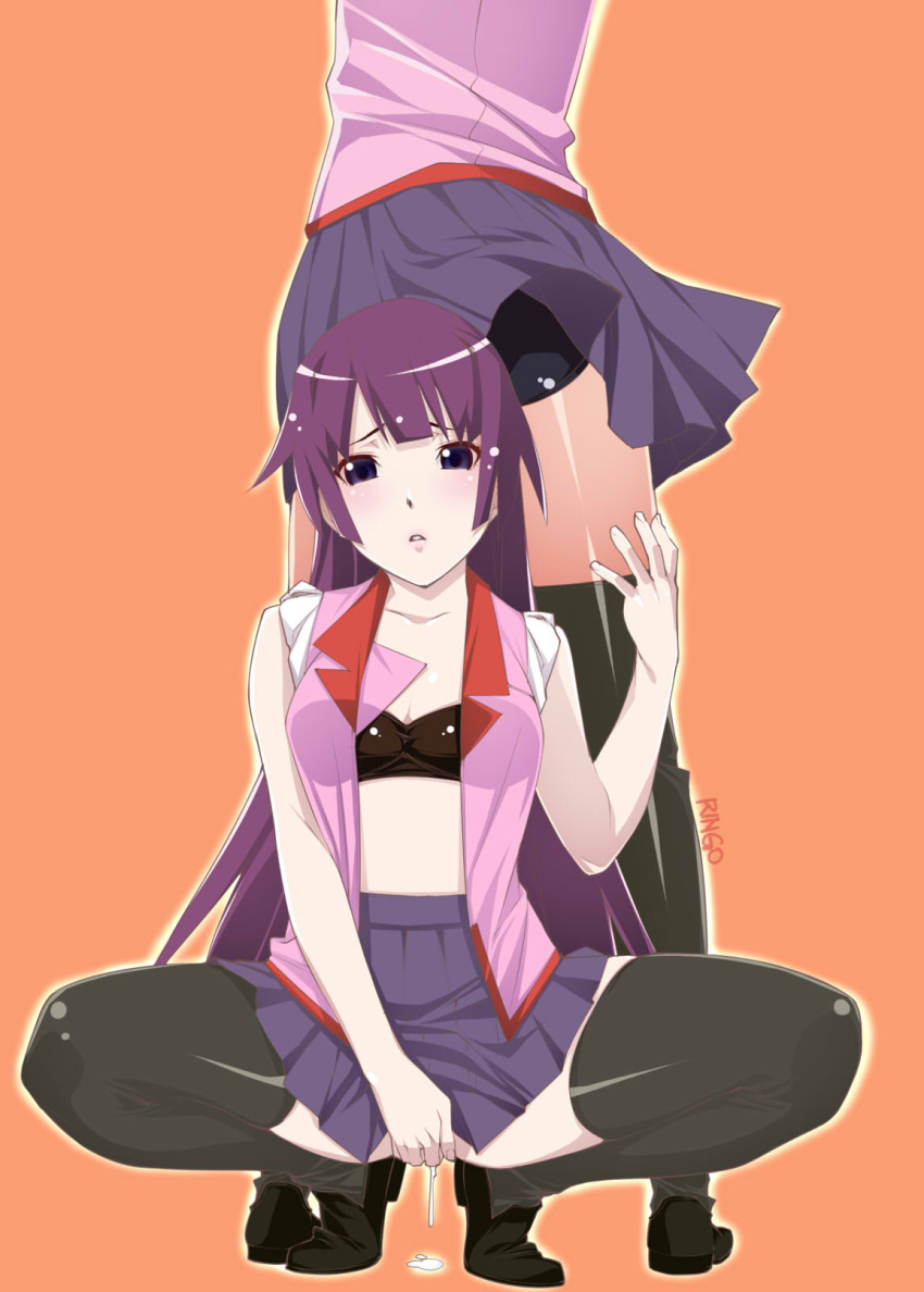 2girls bakemonogatari black_legwear blush highres kanbaru_suruga kuroishi_ringo long_hair looking_at_viewer masturbation monogatari_(series) multiple_girls purple_hair pussy_juice senjougahara_hitagi shiny shiny_skin shorts skirt standing thighhighs