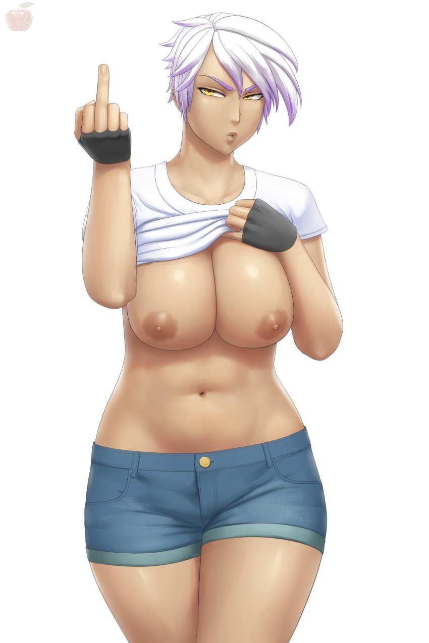 breasts dark-skinned_female dark_skin denim denim_shorts female fingerless_gloves flashing friendship_is_magic gilda_(mlp) gloves gradient gradient_hair highres hips human humanized large_breasts looking_at_viewer lvl middle_finger my_little_pony navel nipples no_bra personification puckered_lips purple_hair sagging_breasts shirt_lift short_hair short_shorts shorts signature simple_background solo standing t-shirt toned two_tone_hair white_background white_hair yellow_eyes