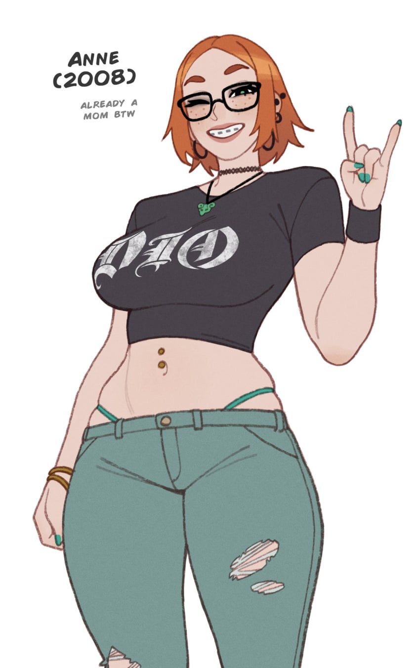 anne_(rizdraws) big_breasts bracelet earrings flashback freckles glasses jeans oc orange_hair original original_character piercings rizdraws short_hair wide_hips young_female