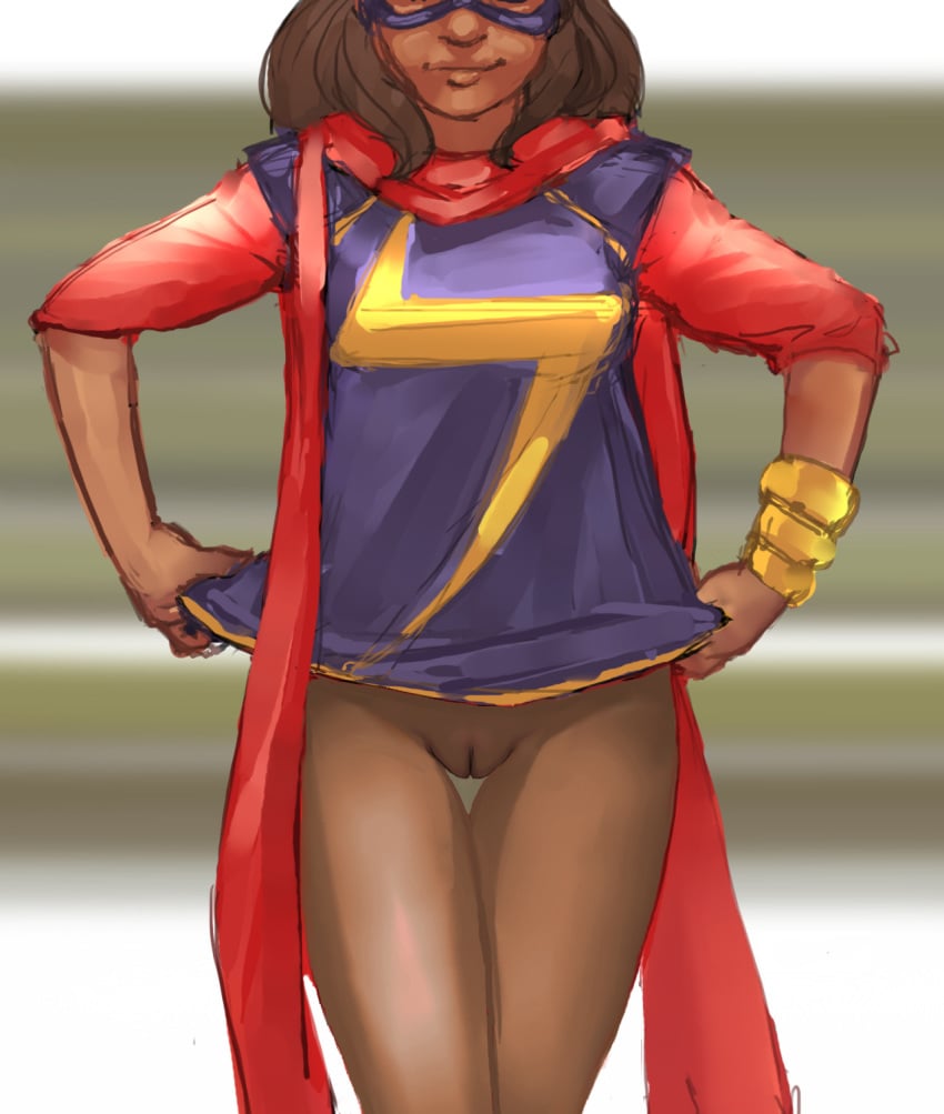 1girls 2015 bottomless bottomless_female brown_hair dark-skinned_female dark_skin darren_geers female female_only kamala_khan marvel mask ms._marvel muslim muslim_female pakistani pakistani_female pussy scarf solo solo_female