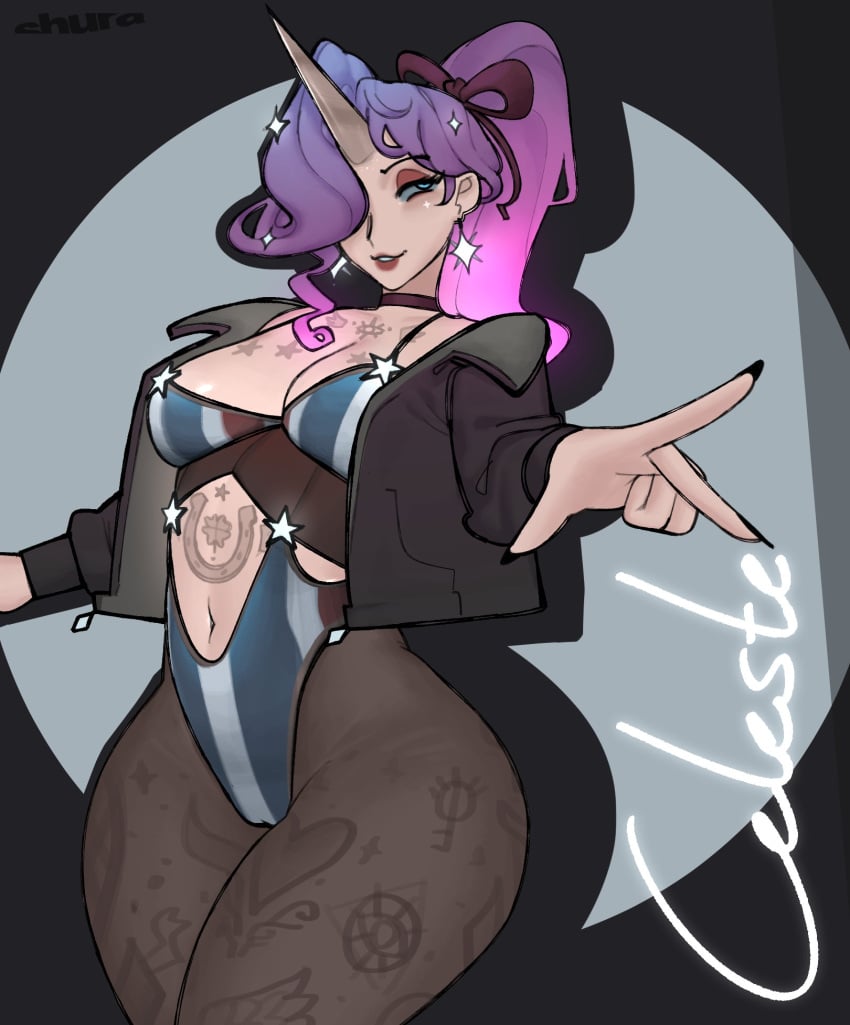 1girl 1girls bedroom_eyes belly_button blue_eyes blue_hair cameltoe celeste_(deadlock) deadlock earrings eyeliner horn horse_girl jacket leather_jacket leotard lipstick multicolored_hair pantyhose pink_hair ponytail rayschera sparkles tagme tattoos tights unicorn watermark wide_hips