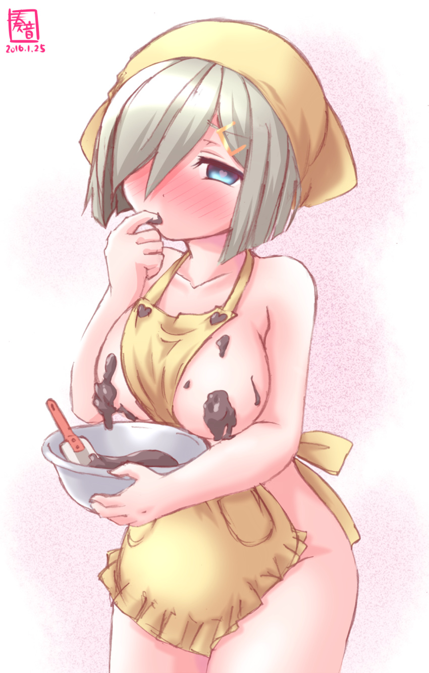 apron bare_shoulders blue_eyes blush bowl breasts chocolate chocolate_on_breasts collarbone convenient_censoring dated female finger_sucking full-face_blush hair_ornament hair_over_one_eye hairclip hamakaze_(kantai_collection) head_scarf heart heart-shaped_pupils highres kanon_(kurogane_knights) kantai_collection large_breasts looking_at_viewer naked_apron short_hair silver_hair simple_background solo spatula symbol-shaped_pupils tenugui yellow_apron