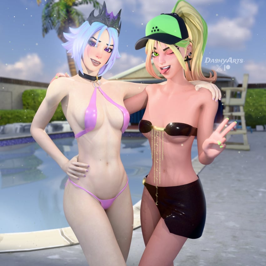 2026 2girls 3d 3d_(artwork) ;) bikini bikini_bottom bikini_top blender blonde_hair bra breasts cap cleavage clothed clothing crown dashyarts detailed_background epic_games female female_only fortnite fortnite:_battle_royale freckles freckles_on_face greek_mythology green_eyes headwear helsie_(fortnite) hi_res high_quality high_resolution highres light-skinned_female light_skin looking_at_viewer mythology outdoors outside panties peace_sign persephone persephone_(fortnite) petite petite_body petite_female pink_bikini ponytail pose posing presenting showing_off slim_waist watermark wink winking winking_at_viewer