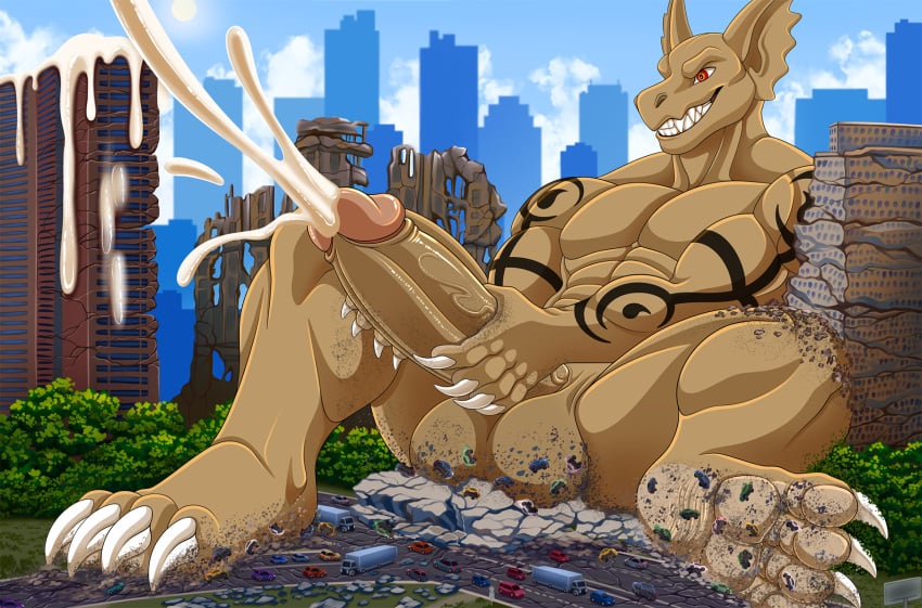 4_toes 5_fingers abs anthro arm_tattoo balls barefoot biceps biped bodily_fluids brown_body building building_destruction city city_background city_crushing city_destruction cityscape claws cum cumshot destruction dirty dirty_feet dragon ejaculation erection feet finger_claws fingers furrypur genital_fluids genitals hi_res house landscape_dwarfing macro macro_anthro macro_male male masturbation muscular muscular_anthro muscular_male mythological_creature mythological_scalie mythology nude outside pawpads paws pecs penile penile_masturbation penis rampage red_eyes scalie sky smile solo stomping tail tattoo teeth tephros toe_claws toes vehicle vehicle_destruction