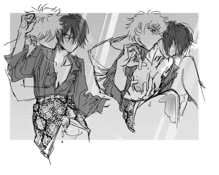 1boy 1girls bar_censor breast_grab chu_pumpkinhoe female genderswap_(mtf) gintama gintoki_sakata groping groping_breasts groping_from_behind hair_over_one_eye halftone kissing kissing_neck licking_neck male monochrome pussy_juice rule_63 screentone short_hair sketch takasugi_shinsuke wet_pussy