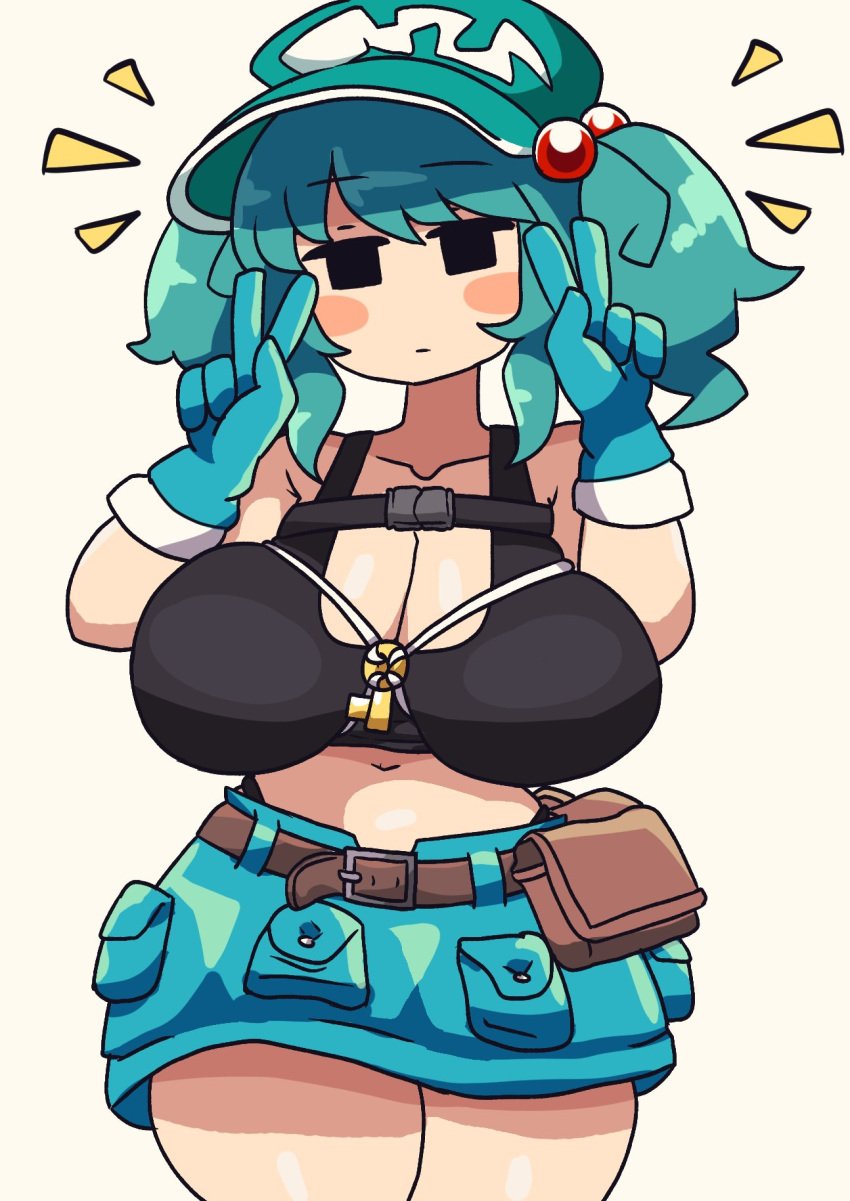 1girls big_breasts boobs cleavage green_hair hat kappa light-skinned_female long_gloves midriff mob_face nitori_kawashiro nono_(notnoe) notnoe_(dxcl) peace_sign pigtails skirt solo solo_female tank_top thick_thighs thighs touhou