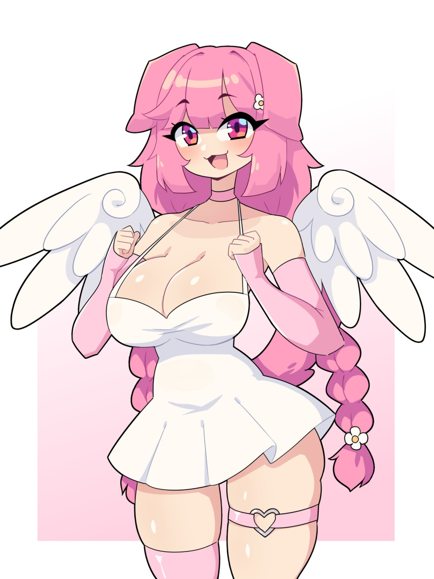 1girls 2024 :3 angel_wings armwear big_breasts blush cleavage commission dog_ears dog_girl dress female female_only flower_hair_ornament heart_o-ring hi_res j5daigada legband long_hair looking_at_viewer one_thighhigh open_mouth pink_armwear pink_eyes pink_hair pink_thighhighs smiling smiling_at_viewer solo tail thigh_squish thighhighs twin_braids wings